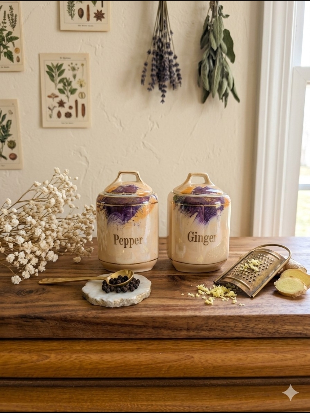 Vintage Ceramic Spice Jars – “Pepper” & “Ginger” – Gold Trim with Purple Feather